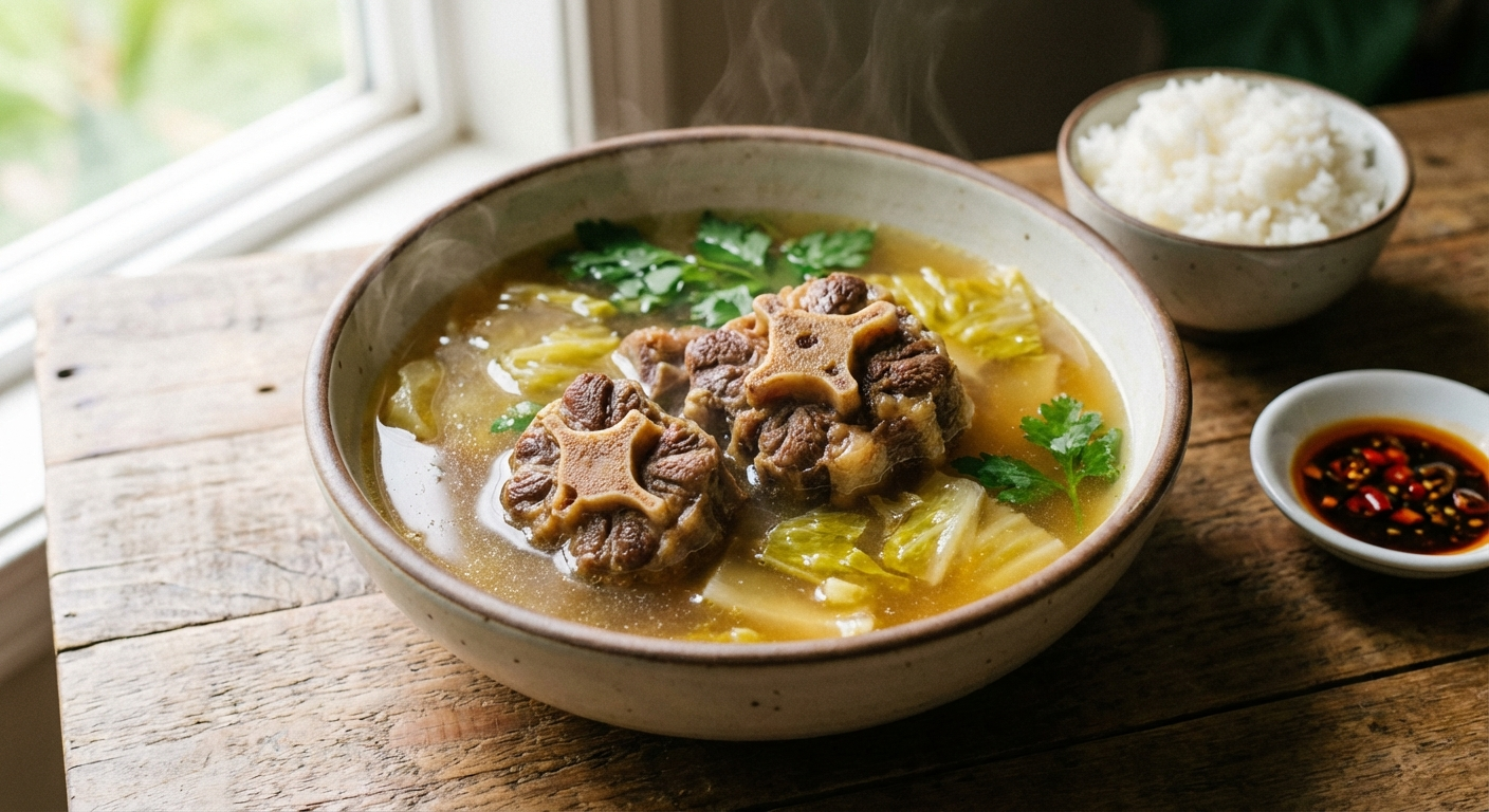 A steaming bowl of Hawaiian oxtail soup with tender fall-off-the-bone meat, the kind of dish that requires a big, heavy-bottomed stock pot and hours of patient simmering