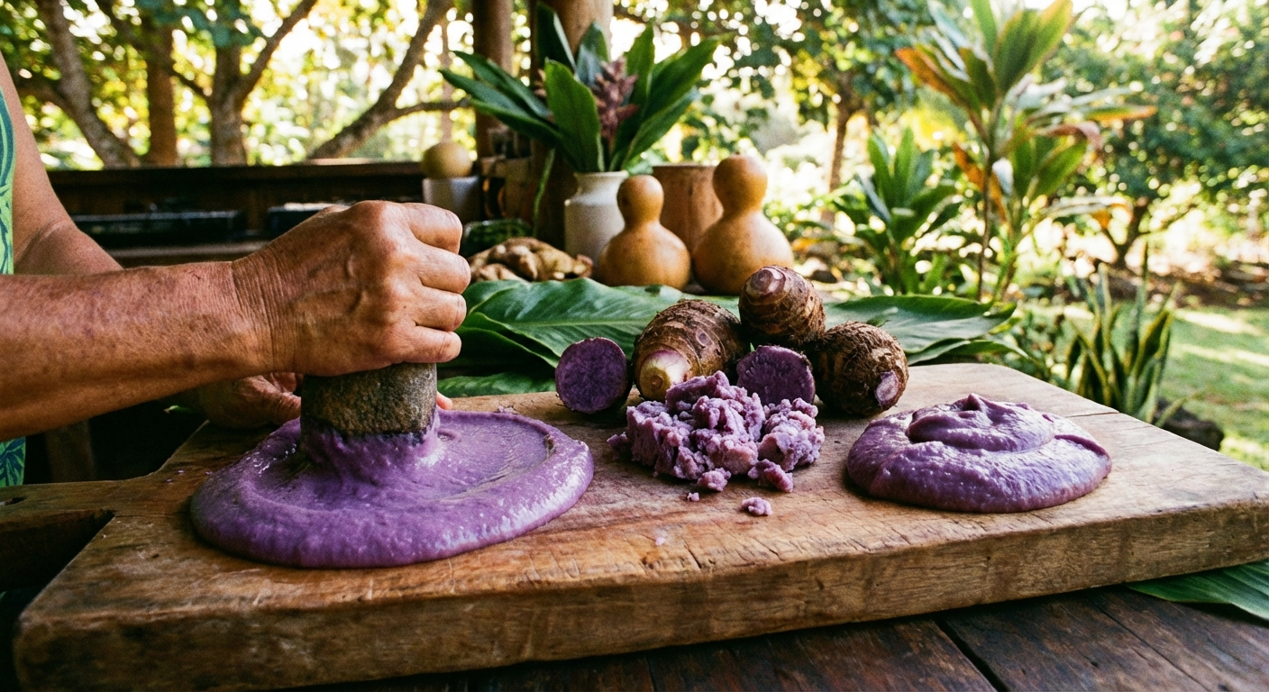 Fresh poi being pounded from cooked taro on a traditional wooden board, showing the smooth purple paste that is one of Hawaii's most sacred foods