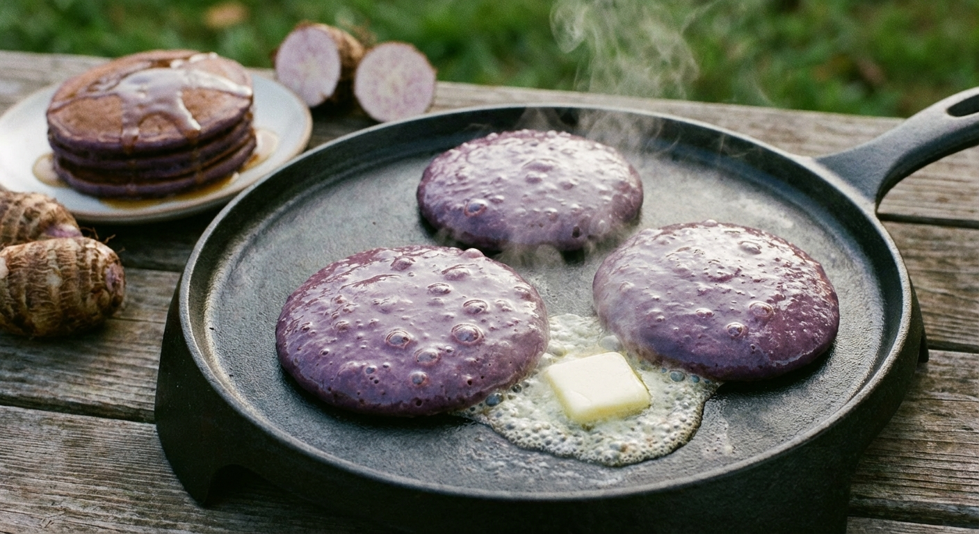 Purple poi pancakes cooking on a griddle with distinctive taro color, bubbles forming on the surface