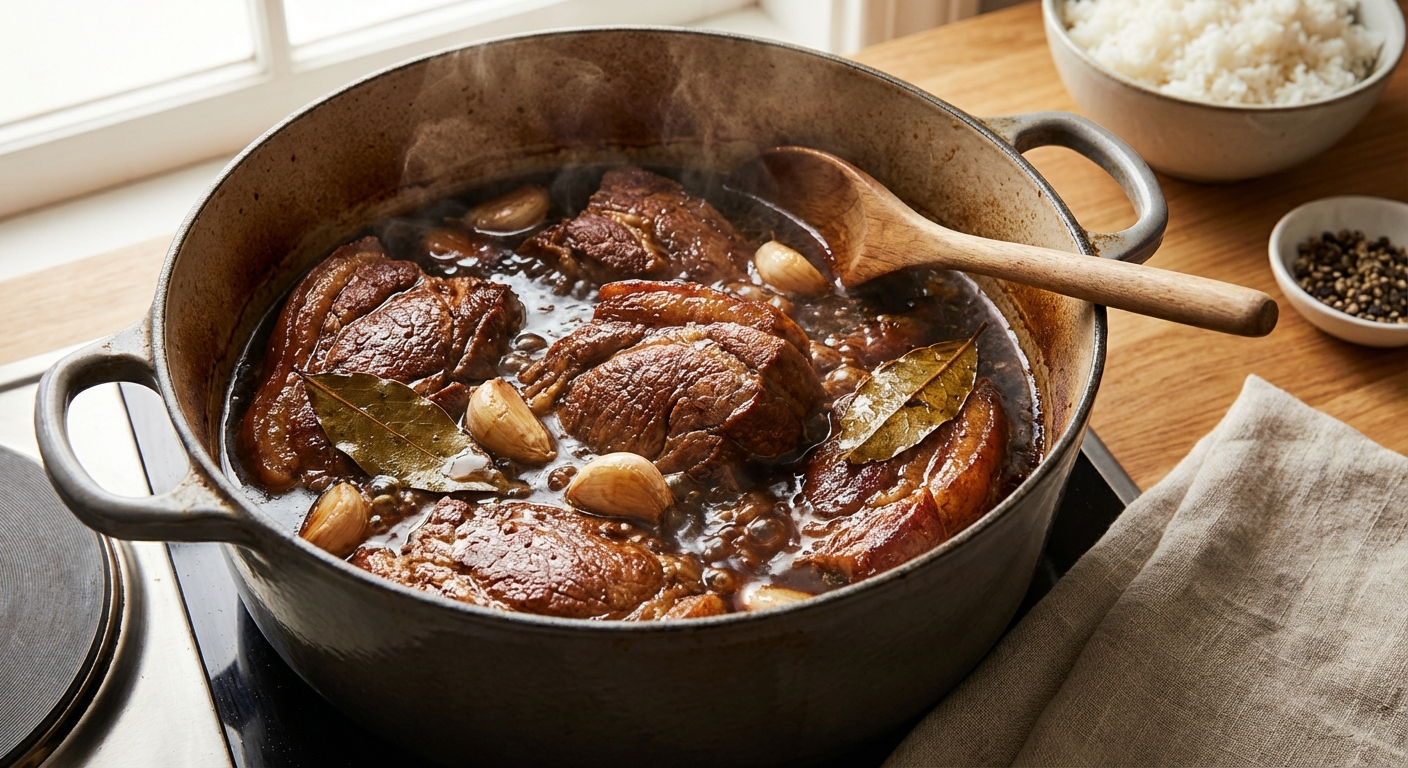 Pork adobo braising in a pot with pork pieces simmering in dark soy-vinegar sauce with whole garlic cloves and bay leaves
