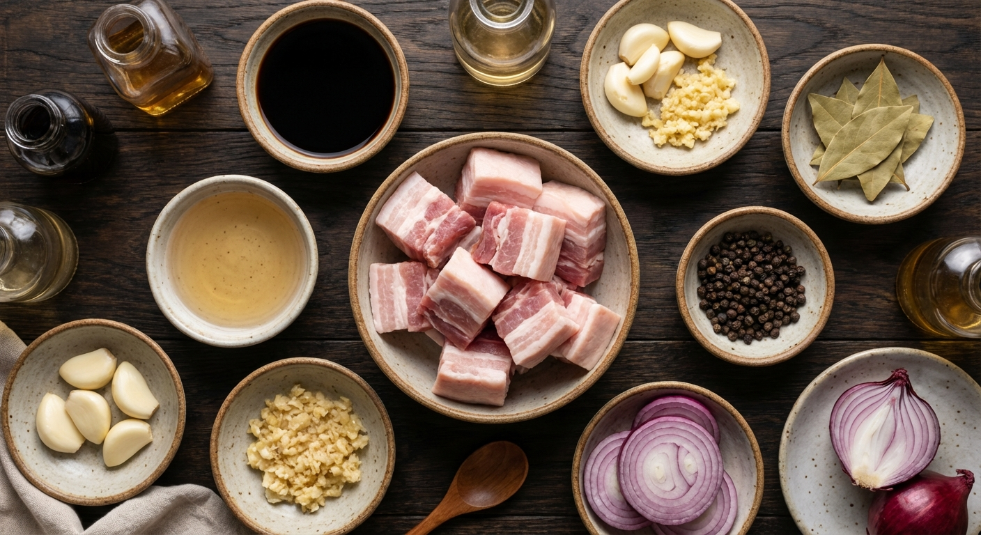 Overhead flat lay of Filipino-Hawaiian pork adobo ingredients - pork belly cubes, soy sauce, vinegar, whole garlic cloves, bay leaves, peppercorns, and onion arranged in small bowls