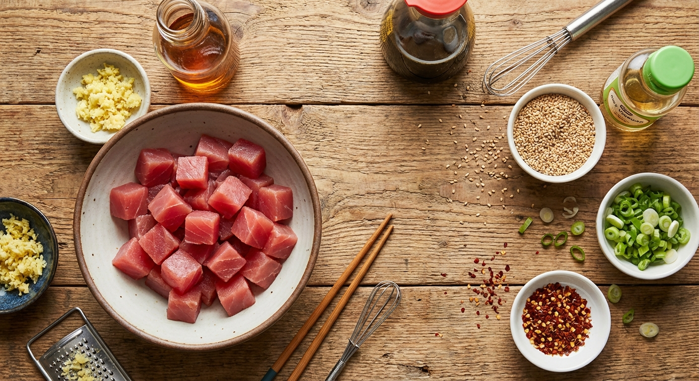 Sesame ginger poke ingredients in prep bowls - sushi-grade ahi tuna, fresh ginger, sesame oil, soy sauce, rice vinegar, sesame seeds, green onions, and chili flakes