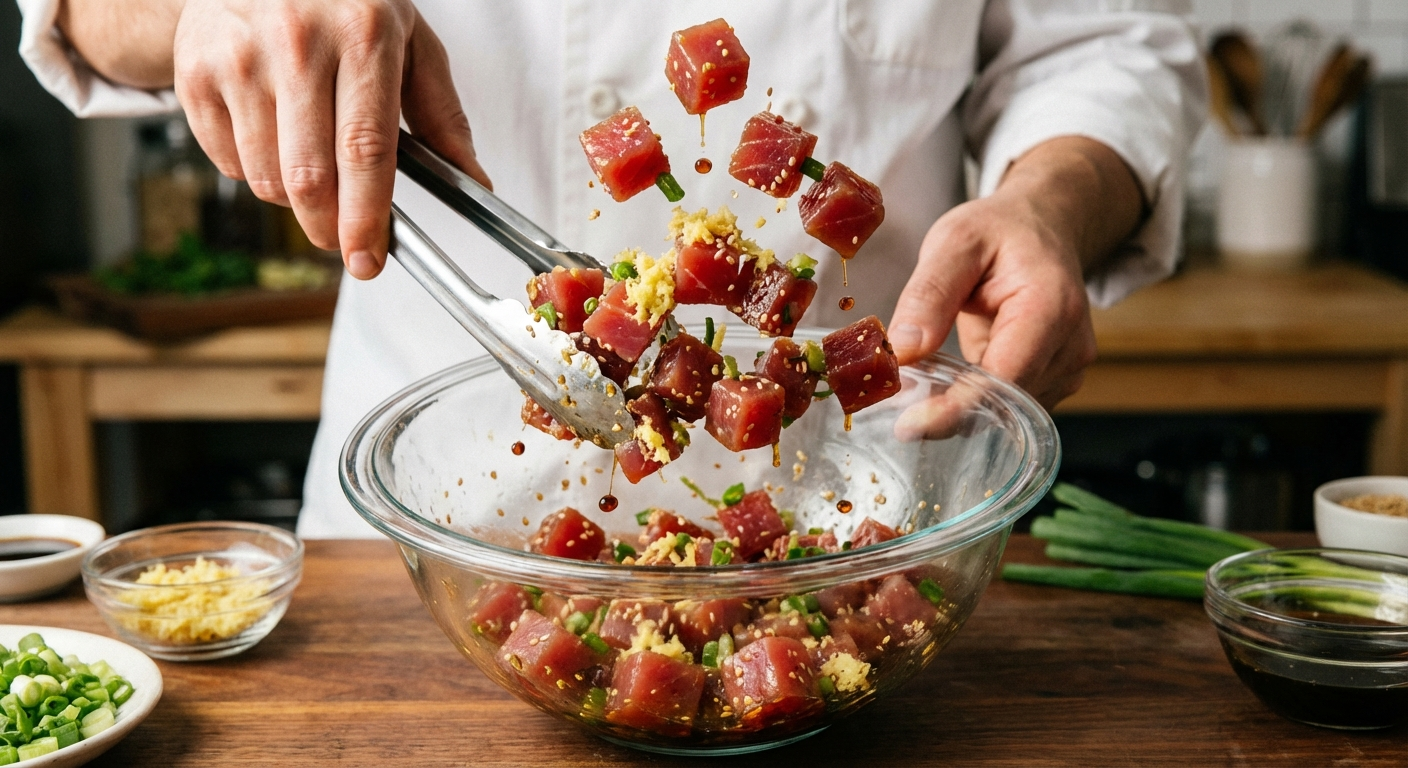 Cubed ruby-red ahi being tossed with grated ginger, sesame oil, and soy sauce in a glass bowl