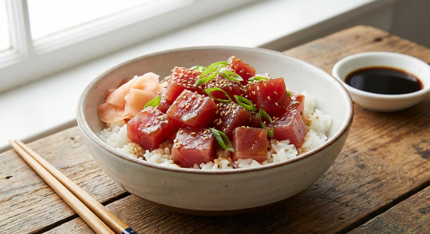 Sesame ginger poke bowl with ruby-red ahi cubes glistening with sesame-ginger dressing over rice, pickled ginger, sesame seeds, and green onions
