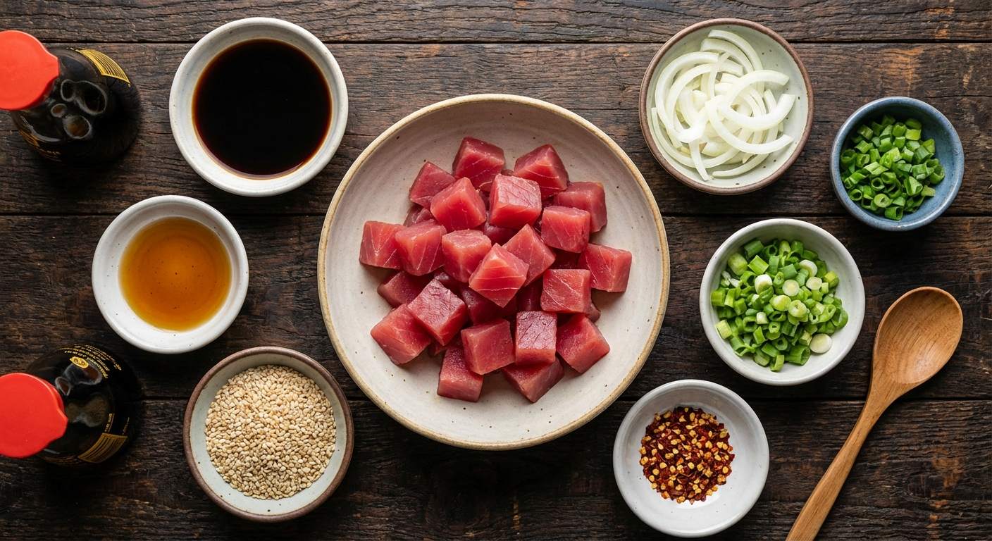 Overhead flat lay of shoyu ahi poke ingredients including sushi-grade ahi tuna, soy sauce, sesame oil, Maui sweet onion, green onions, sesame seeds, and chili flakes in bowls