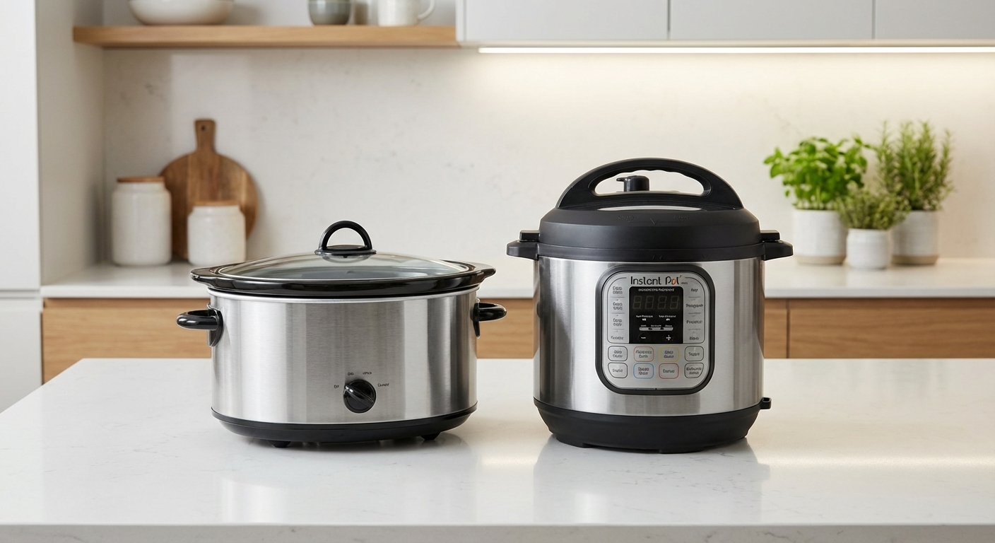 Slow cooker and Instant Pot side by side on a kitchen counter for comparison