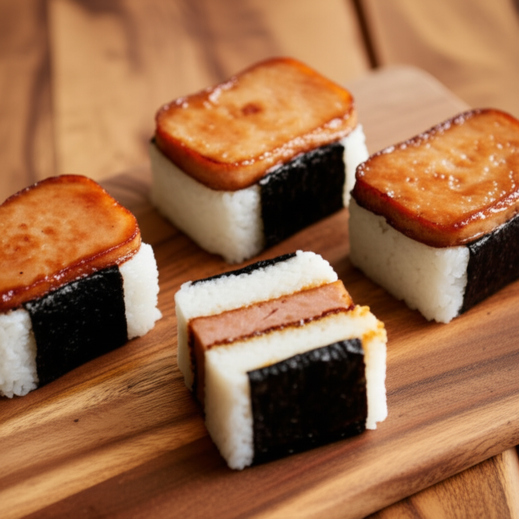 Finished spam musubi stacked on a serving board, showing the layers of sticky rice, caramelized glazed spam, and nori wrapper