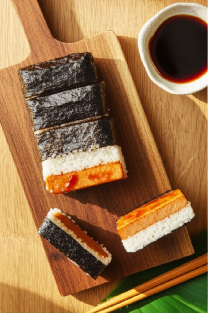 Spam musubi ingredients laid out — Spam, sushi rice, nori sheets, soy sauce, sugar, mirin, furikake, and a musubi mold