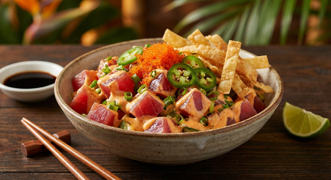 Spicy ahi poke bowl seasoned with Hawaiian chili pepper flakes, sesame oil, and green onions