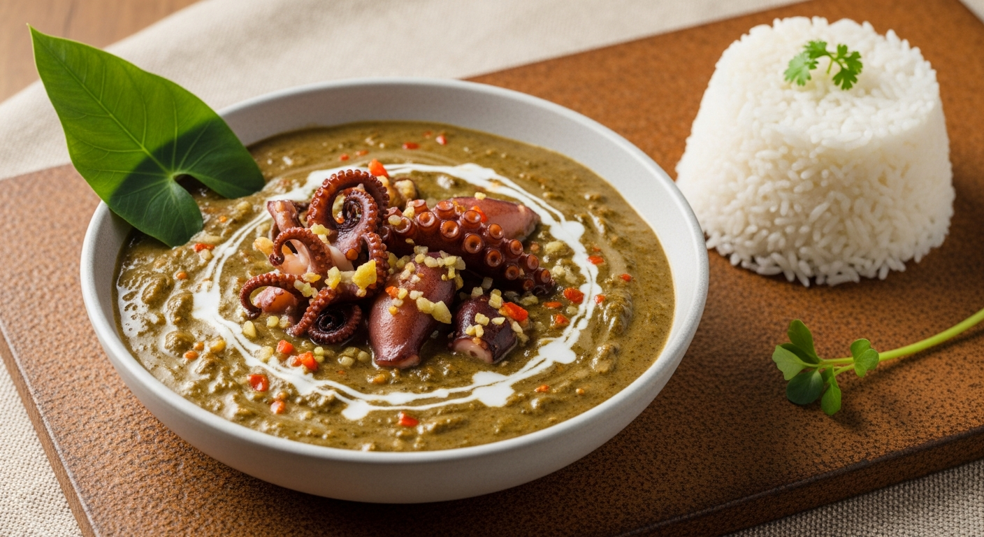 Flat lay of squid luau ingredients including fresh squid, taro leaves, coconut milk, and Hawaiian sea salt arranged on a rustic wooden surface