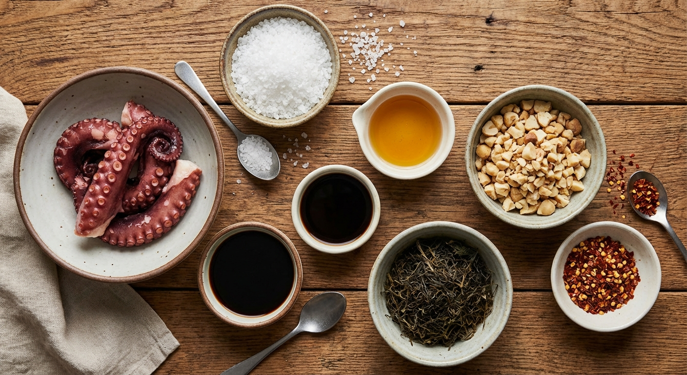 Tako poke ingredients laid out in bowls - cooked octopus tentacles, Hawaiian salt, sesame oil, soy sauce, inamona, limu seaweed, and chili flakes