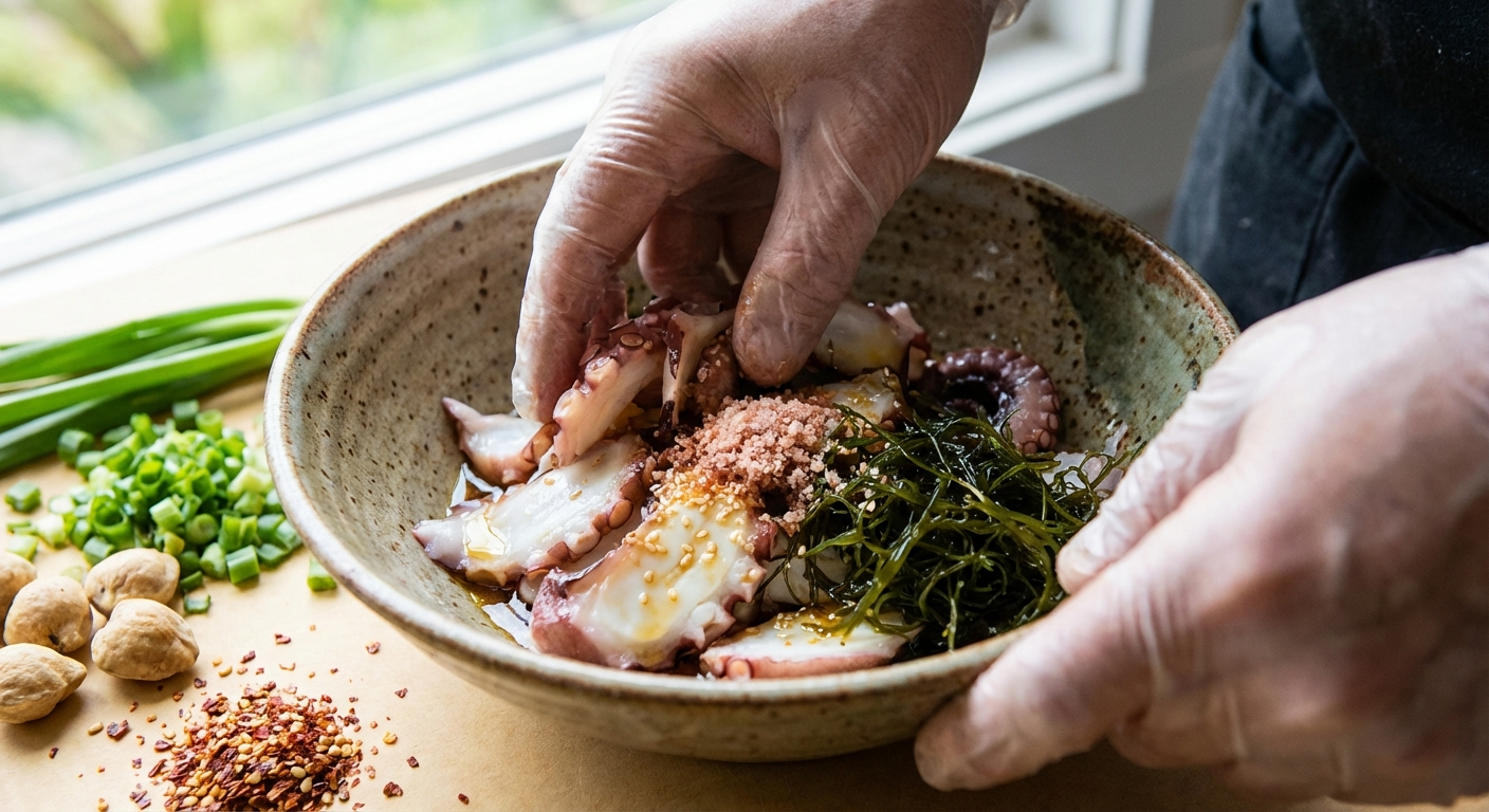 Sliced octopus tentacles being mixed with Hawaiian salt, sesame oil, and seaweed in a bowl for tako poke