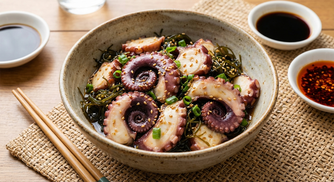 Tako poke served in a bowl with tender sliced octopus, limu seaweed, sesame, and green onions in traditional Hawaiian presentation