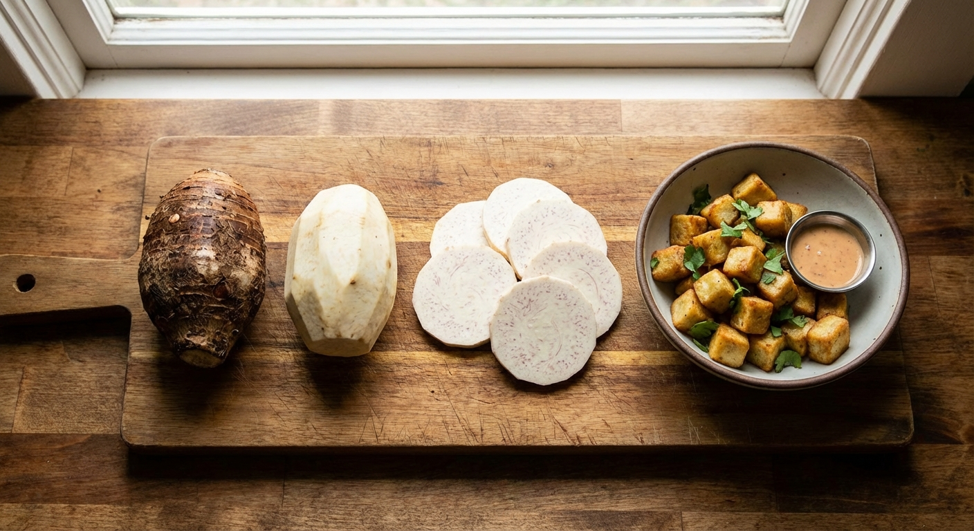 Taro root preparation stages showing whole taro, peeled taro, sliced taro, and cooked taro arranged on a wooden surface
