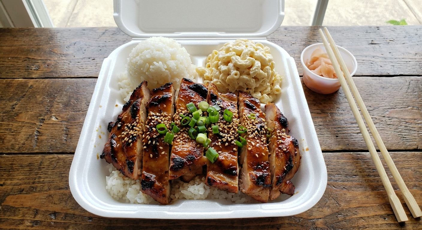Local-style teriyaki chicken plate lunch with glazed chicken thighs over white rice and mac salad, garnished with sesame seeds and sliced green onions