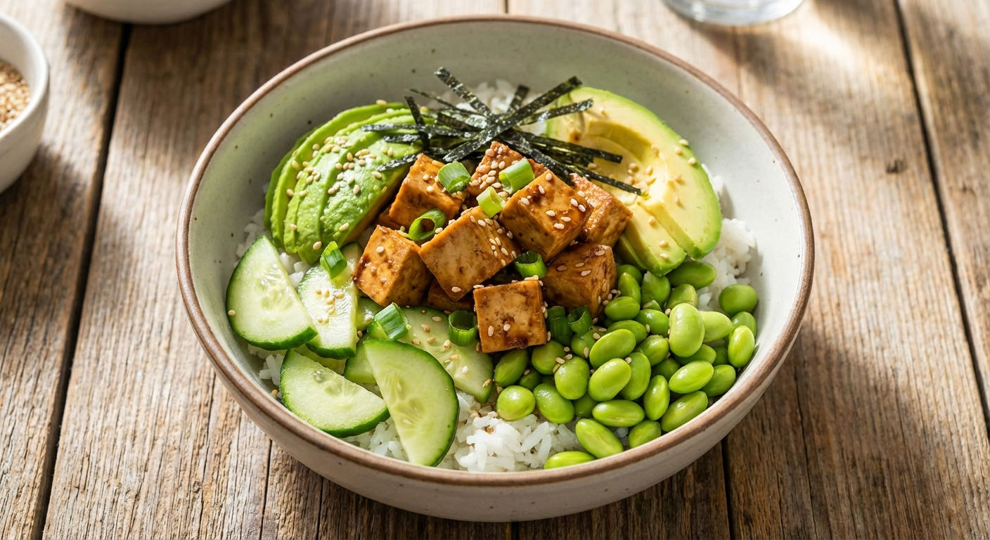 Flat lay of tofu poke bowl ingredients: extra-firm tofu, soy sauce, sesame oil, rice vinegar, sriracha, green onions, cucumber, edamame, avocado, nori, and sesame seeds arranged in small bowls