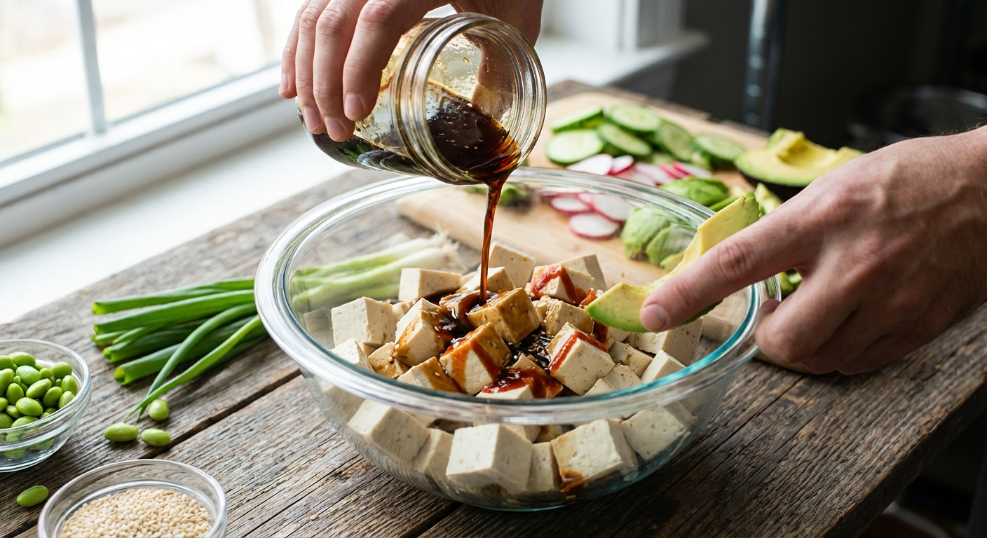 Tofu poke being prepared - cubed extra-firm tofu being marinated in a glass bowl with soy sauce, sesame oil, and sriracha with vegetables being added