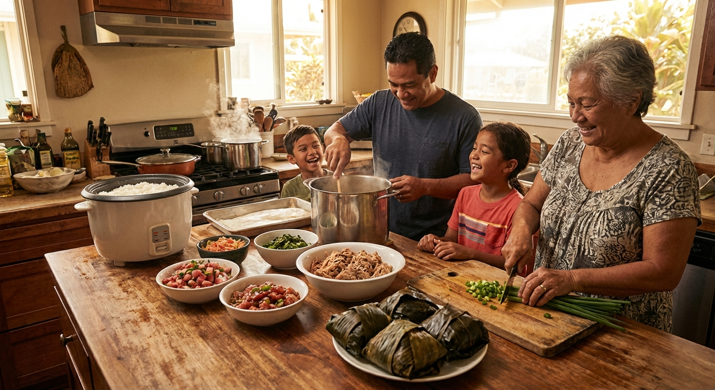 A Hawaiian family meal being lovingly prepared with multiple dishes on the counter including rice and local favorites, warm golden lighting filling the kitchen