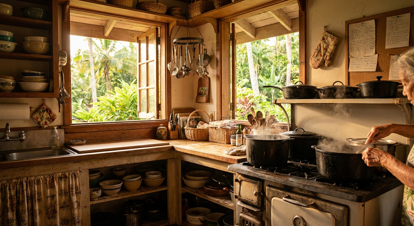 A warm, cozy traditional Hawaiian kitchen with wooden surfaces, pots on the stove, and tropical plants visible through the window - the heart of a grandmother's home