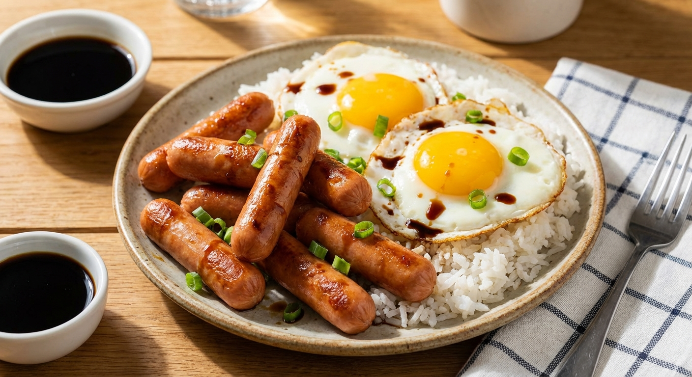 Vienna sausage and eggs breakfast plate with golden pan-fried sausages, fried eggs over white rice, drizzled with soy sauce and green onions