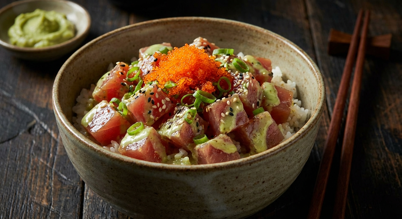 Wasabi poke bowl with cubed ahi tuna in green-tinged wasabi soy dressing, topped with orange tobiko, green onions, and sesame seeds over rice